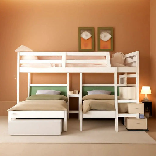 White Triple Bunk Bed With Storage Staircase Full Over Twin And Twin Bunk Bed from PriceLows™