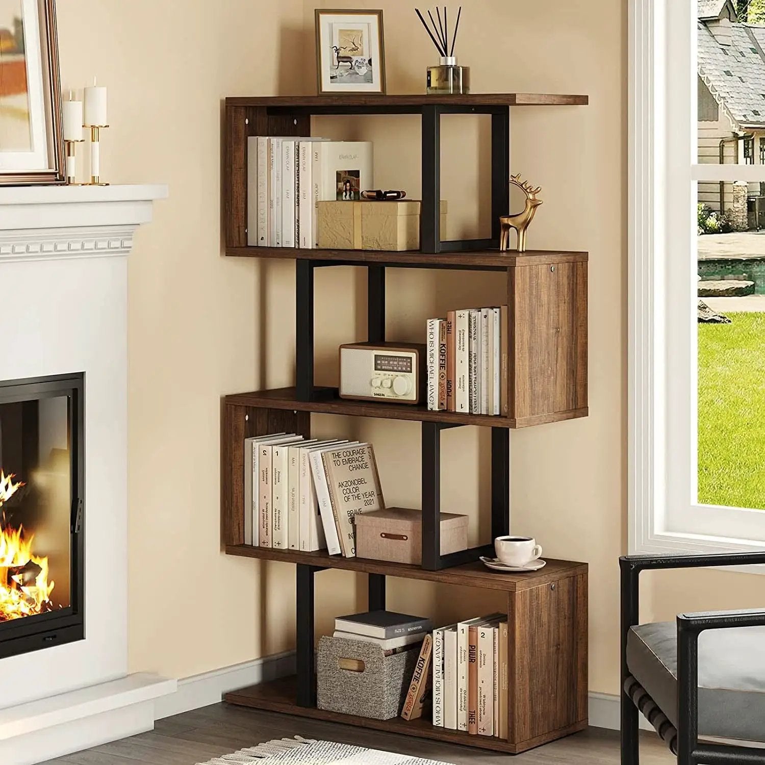 S Shaped 5 Tier Bookshelf Bookcase In Retro Brown Finish from PriceLows™