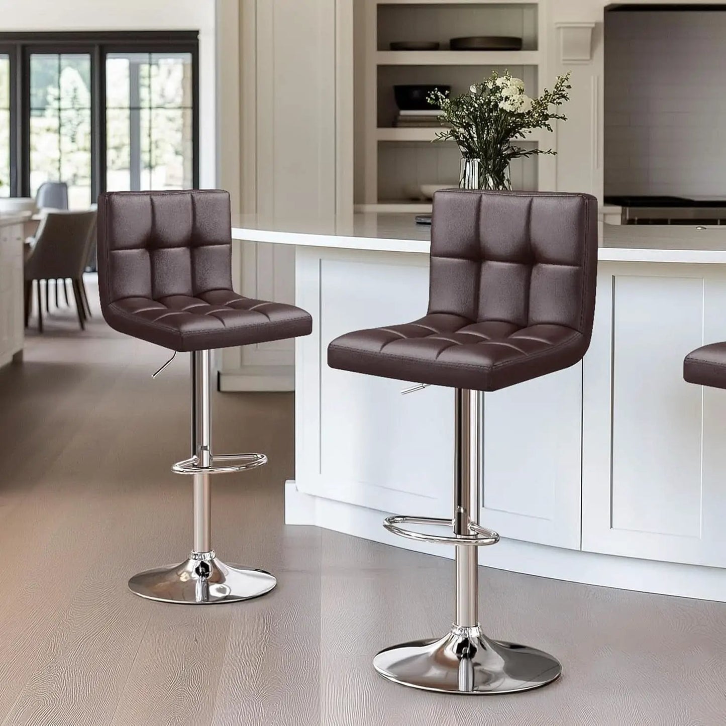 Bar Stools Set Of 2 Adjustable PU Leather Swivel Brown from PriceLows™