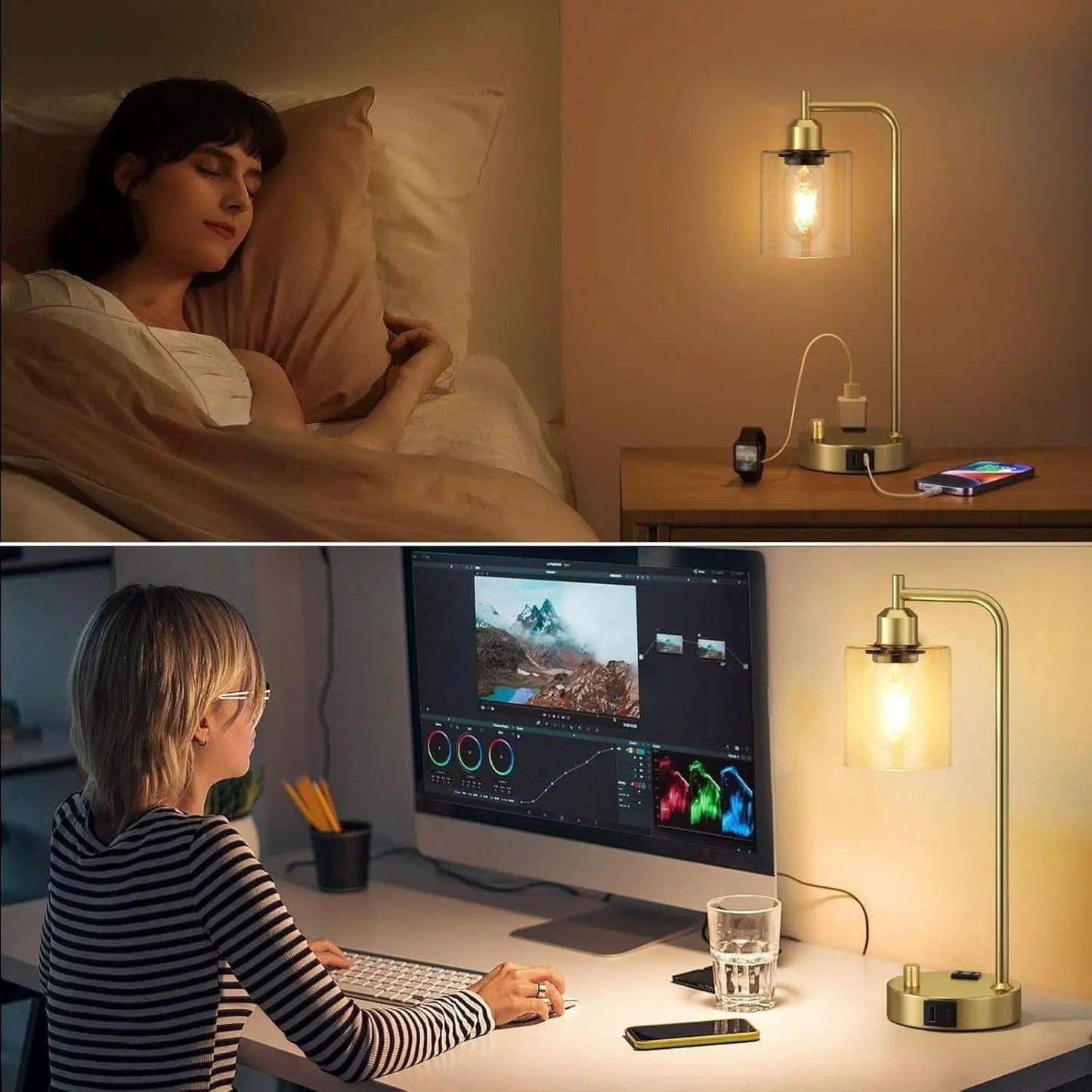 Industrial Dimmable Table Lamps Gold Finish With USB Ports from PriceLows™