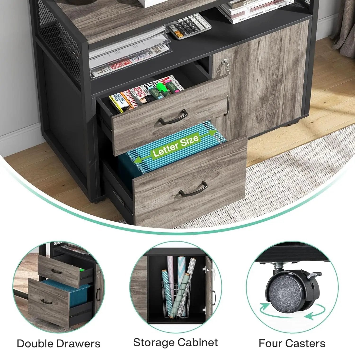 L Shaped Desk With Drawer Cabinet And Lateral File Cabinet 63 Inch Gray from PriceLows™