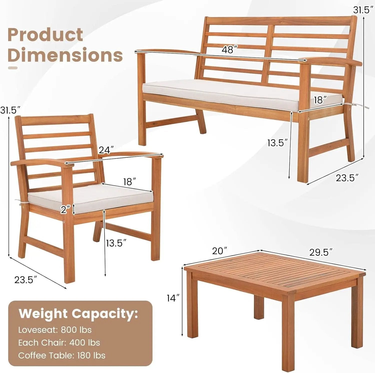 Acacia Wood Outdoor Conversation Set With Cushions White from PriceLows™