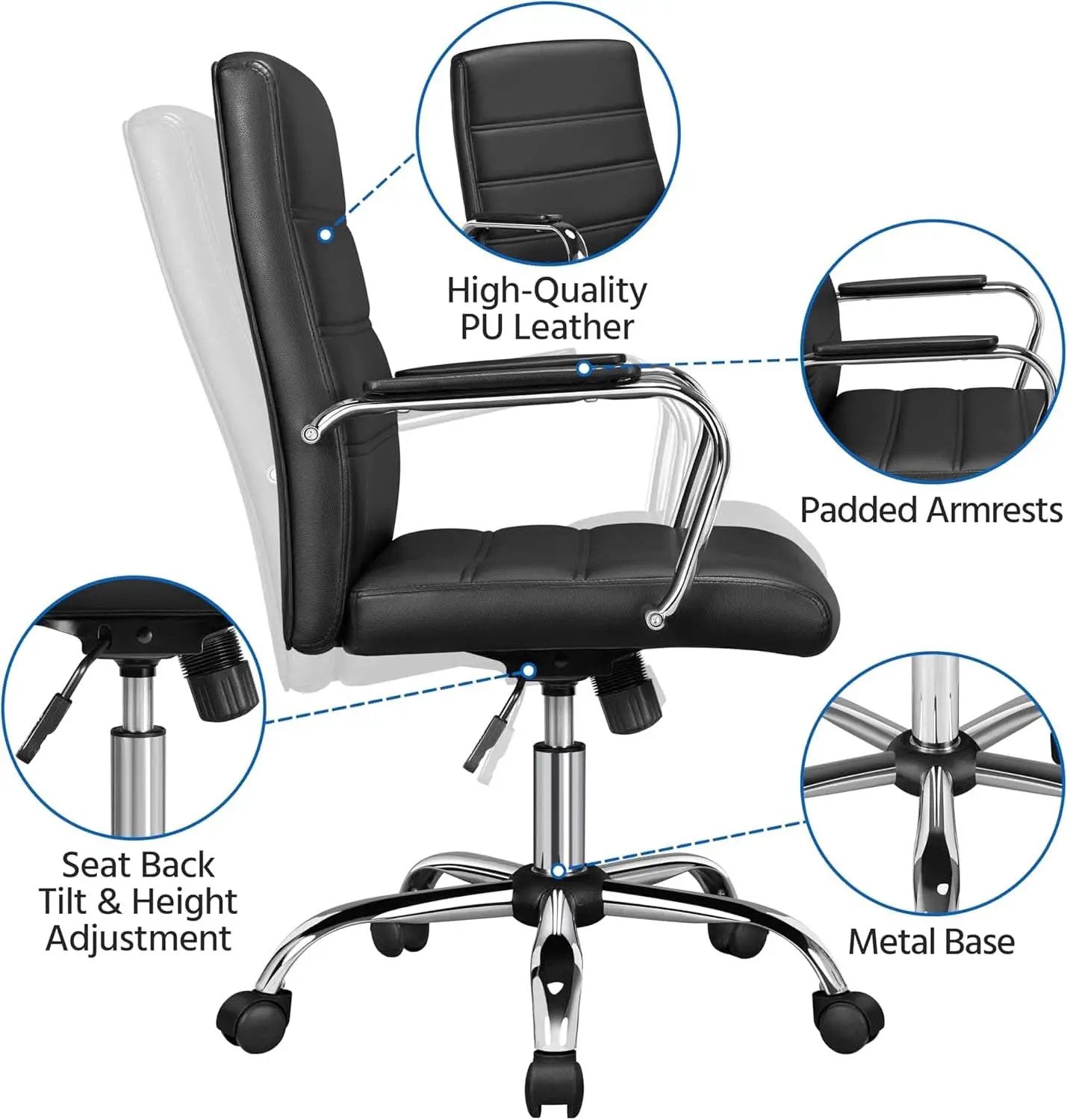 Ergonomic Mid Back Office Chair Black PU Leather With Lumbar Support from PriceLows™