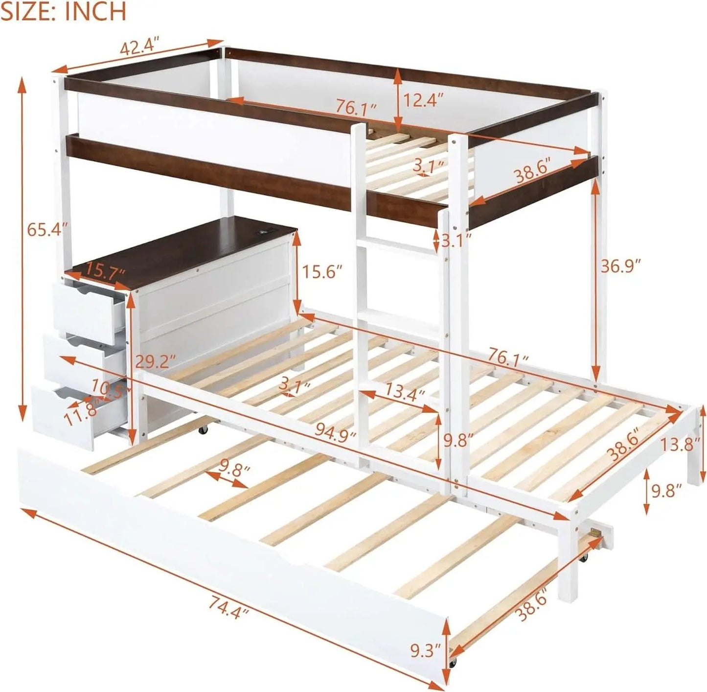 Twin Over Twin Bunk Bed With Desk USB Ports White Walnut from PriceLows™