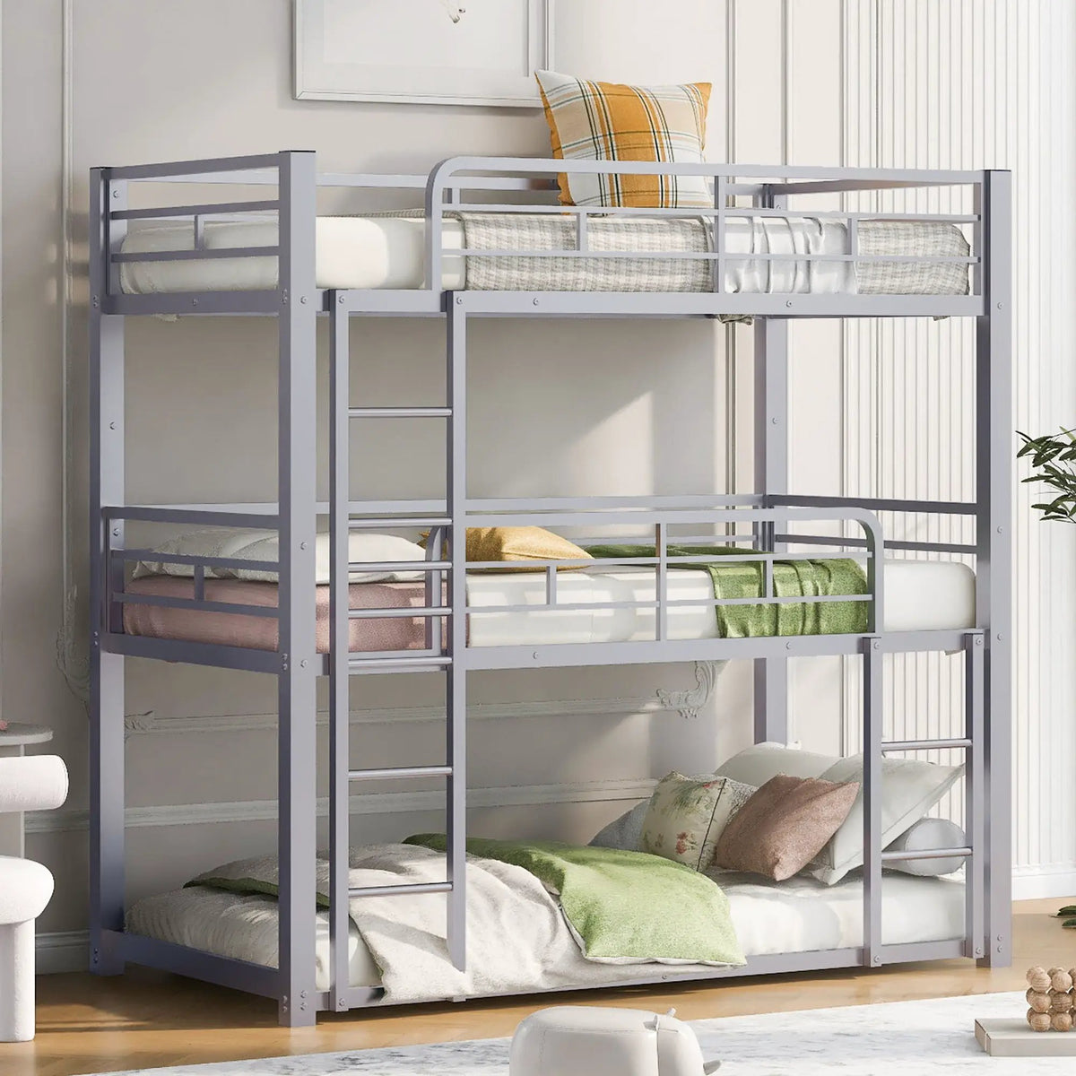 Triple Bunk Bed | Solid Metal Frame | Safety Guardrails | Space Saving