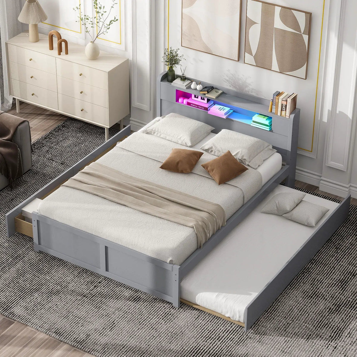 Storage Platform Bed | Color Changing LED Lights | Twin Trundle | 2 Drawers