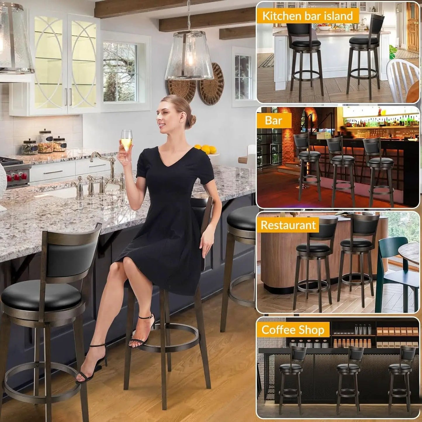 Swivel Bar Stools Set of 2 Black Faux Leather 34 Inch from PriceLows™