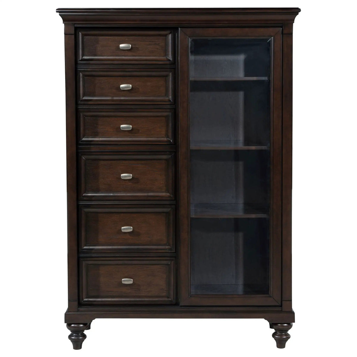 Andover 6-drawer Tempered Glass Door Chest Dark | 45.75 x 20 x 66.25 in | Oak Veneer & Tempered Glass | Oak