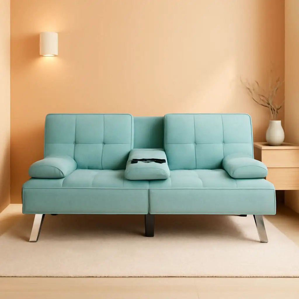Linen Folding Futon Sofa Bed Aqua With Removable Armrests from PriceLows™