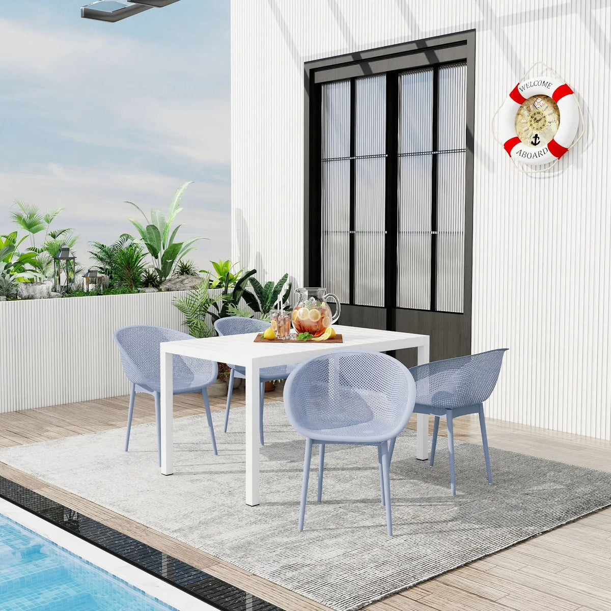 4 Pack Lounge Chair Set With Long Table | 5 Piece Outdoor Set | Metal | Dining Room