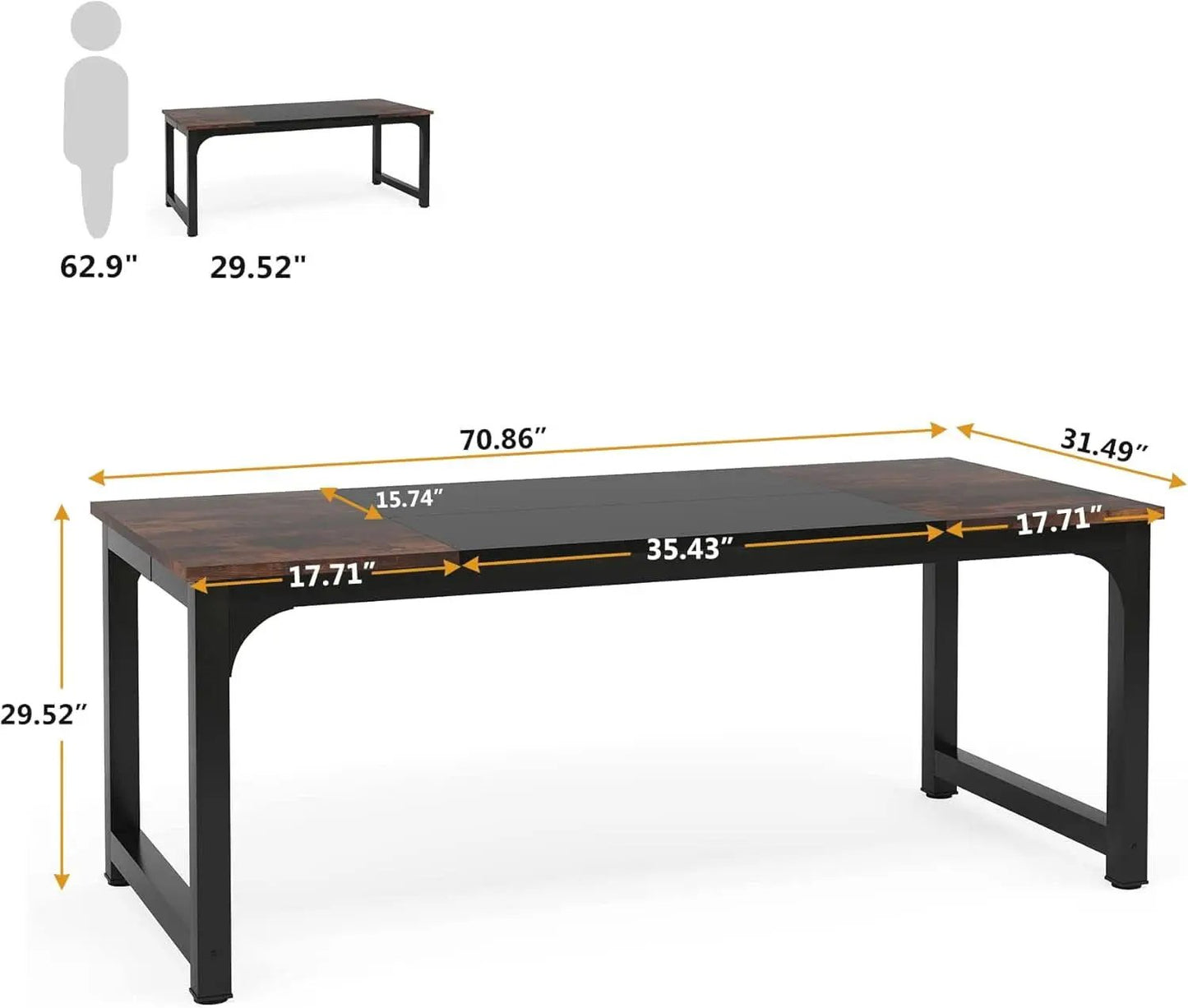 70.8-Inch Rustic Brown Black Executive Desk Thick Frame