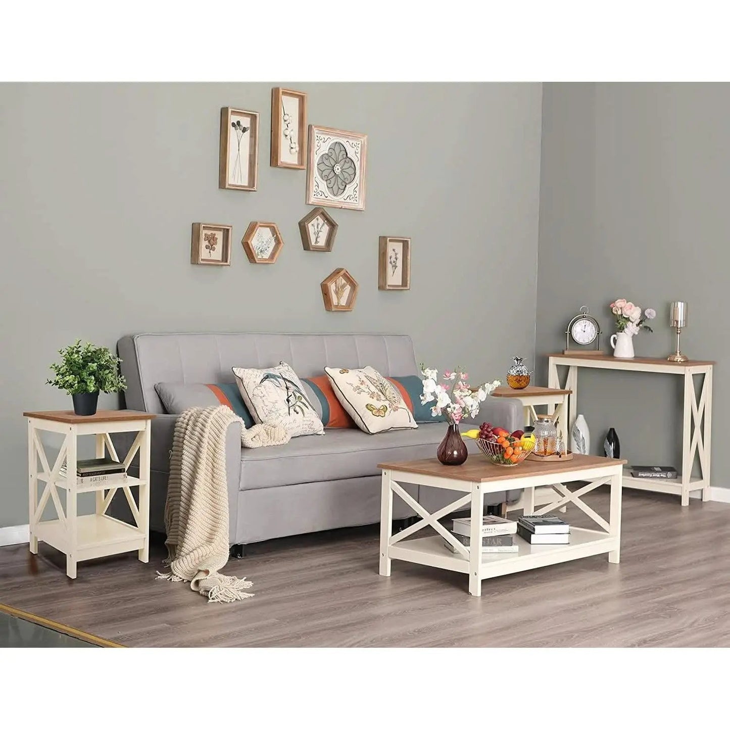 Rustic Ivory End Table Set Of 2 With Shelves 23.6 Inch from PriceLows™
