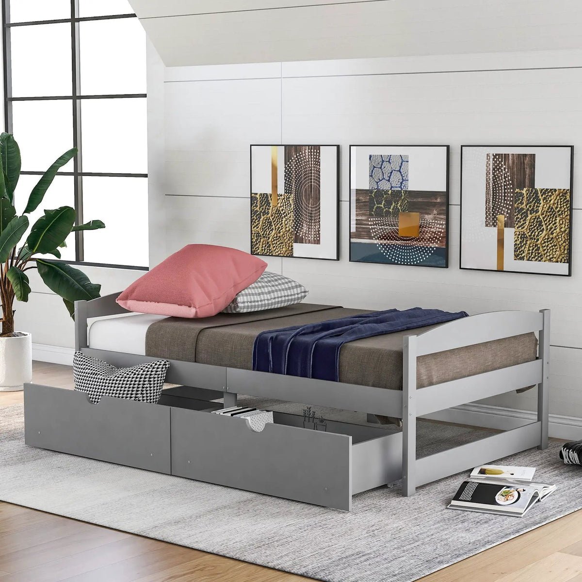 Platform Bed | Pine Wood Frame | Dual Rolling Drawers