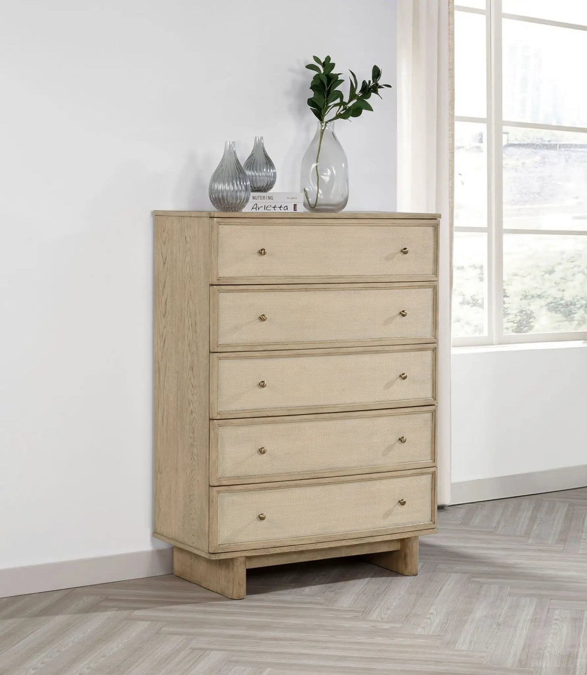 Kailani 5-drawer Bedroom Chest of Drawers Beige | 38 x 19 x 53.5 in | Engineered Wood & Oak Veneer | Oak