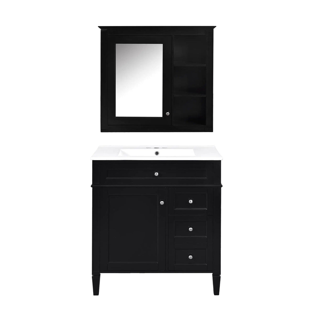 Bathroom Vanity With Top Sink, 2 Doors And 3 Drawers, Freestanding Set With Mirror | Vanity & Cabinet | Solid Wood & Ceramic | Bathroom