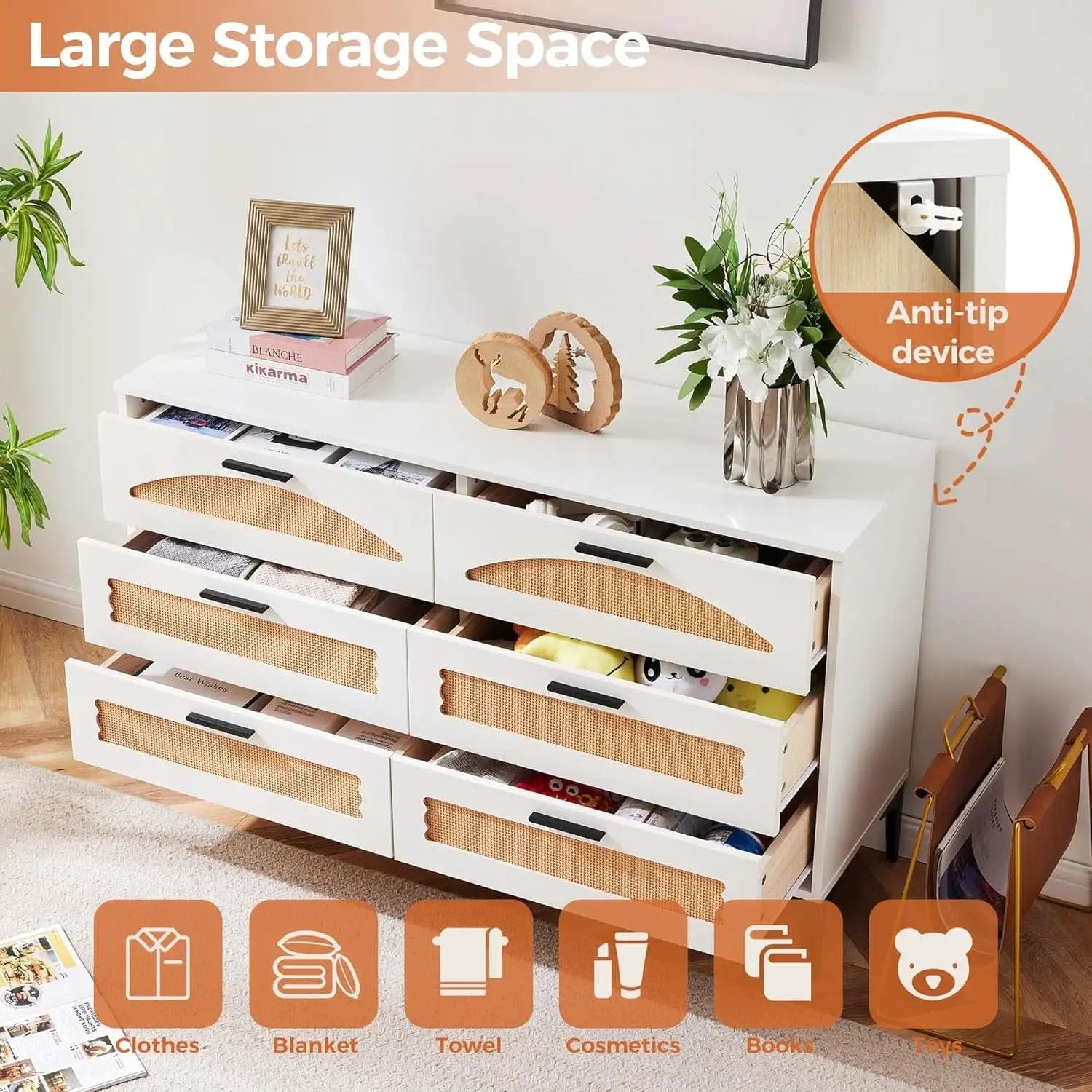Six Drawer White Dresser With Industrial Steel Base from PriceLows™