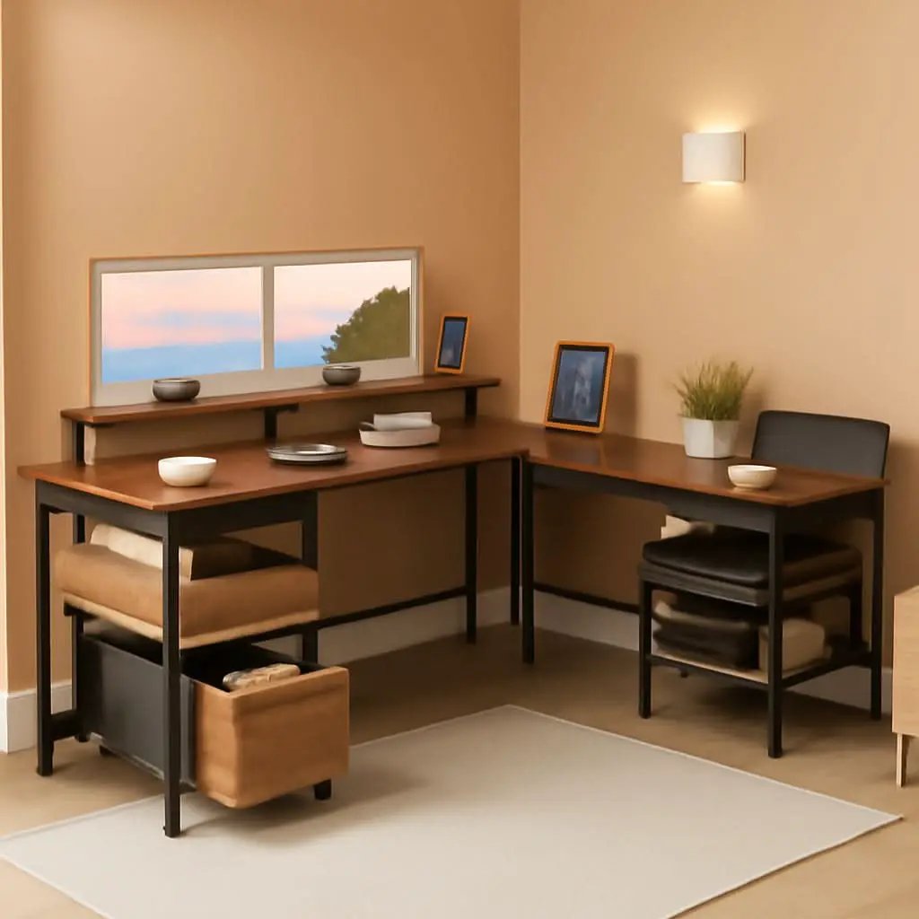 66 Inch Rustic Brown L Shaped Desk With Power Outlet from PriceLows™