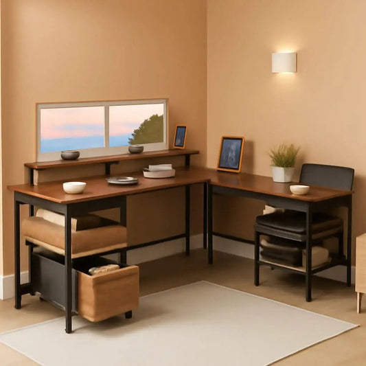 66 Inch Rustic Brown L Shaped Desk With Power Outlet from PriceLows™