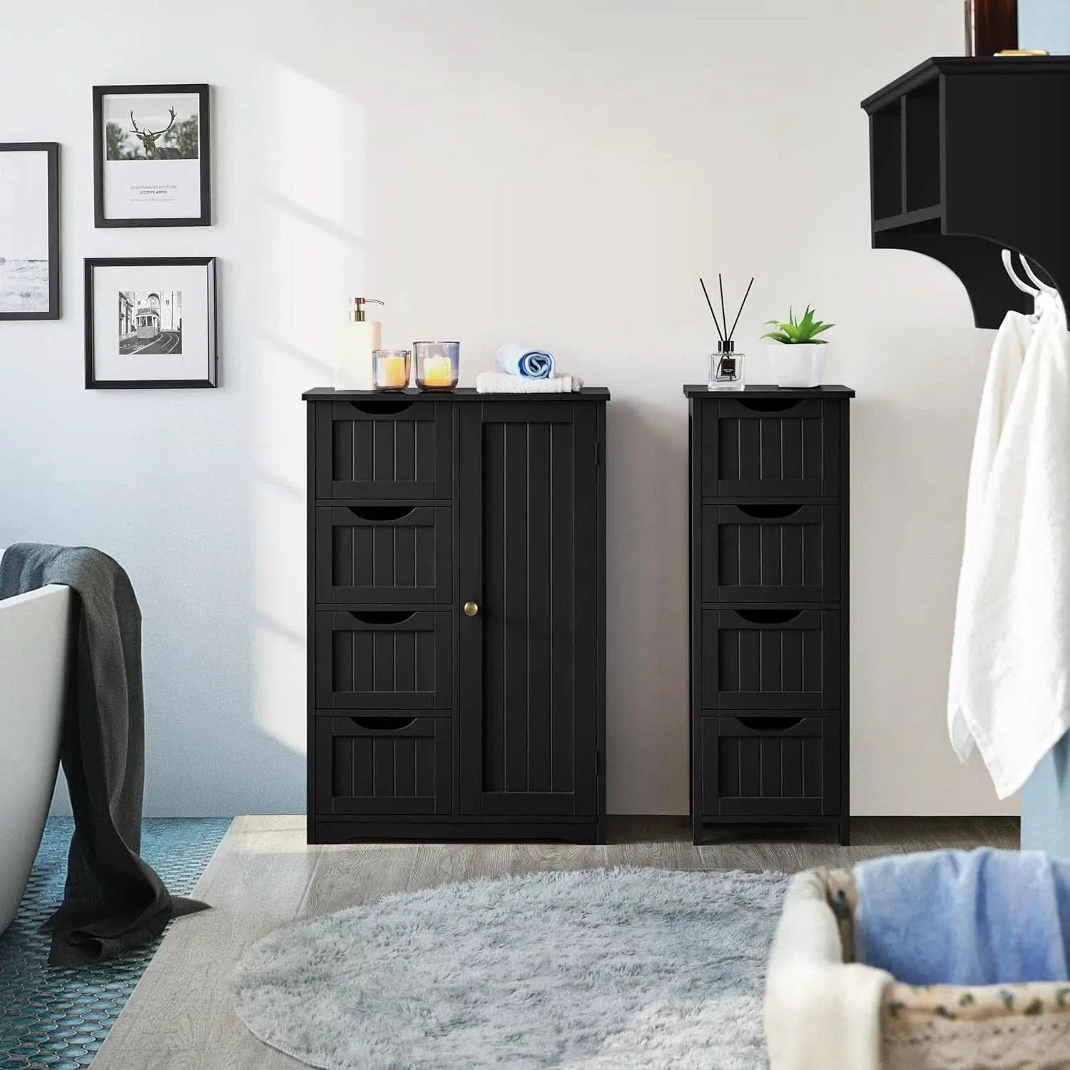 Wooden Bathroom Floor Storage Cabinet With 4 Drawers And Cupboard Freestanding from PriceLows™