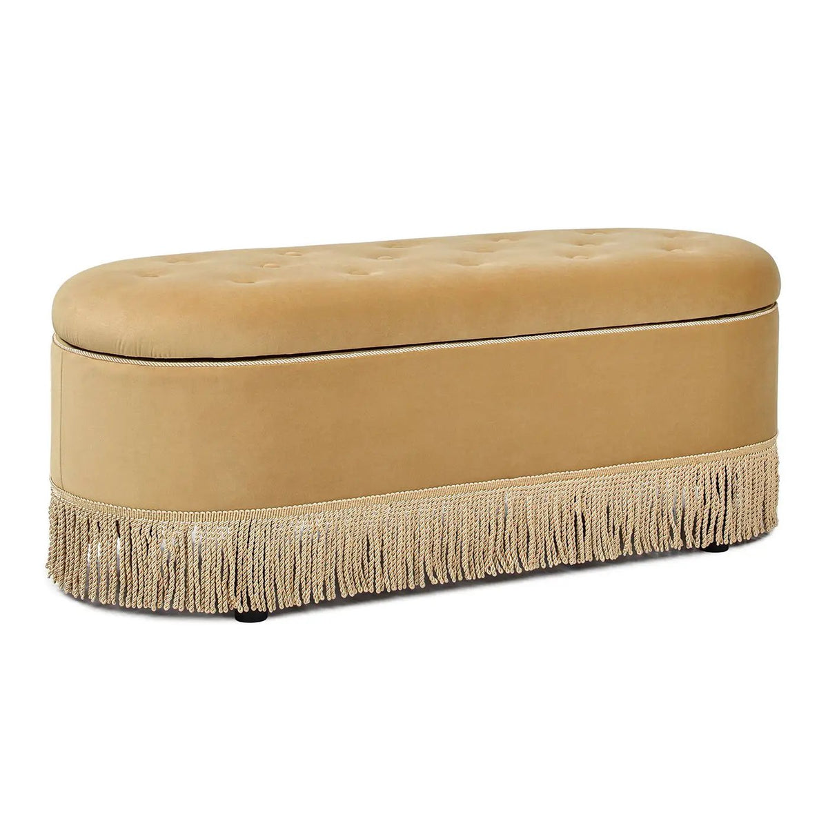Melinda Oval Storage Bench | Button Tufted Seat | Bullion Fringe | Flip-Top Compartment