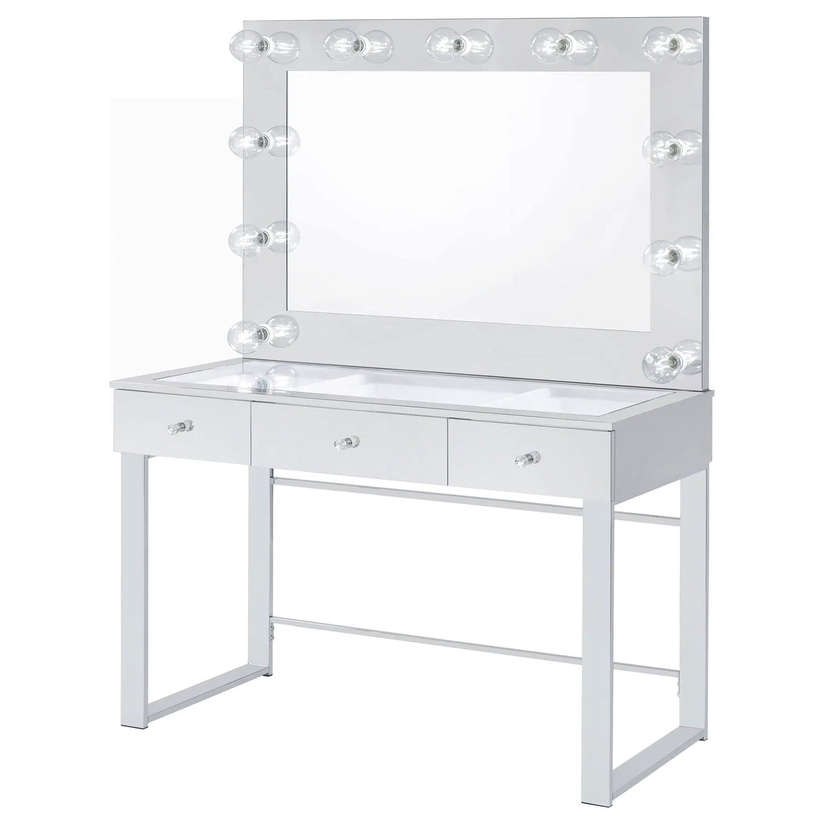 Umbridge 3-drawer Vanity Set with Lighting Chrome and | 46.25 x 19.5 x 62 in | Tempered Glass & Metal | White