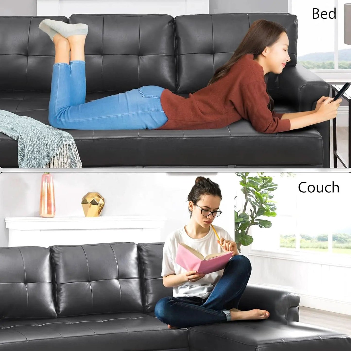 Sleeper Sectional Sofa Black Leather With Convertible Bed from PriceLows™