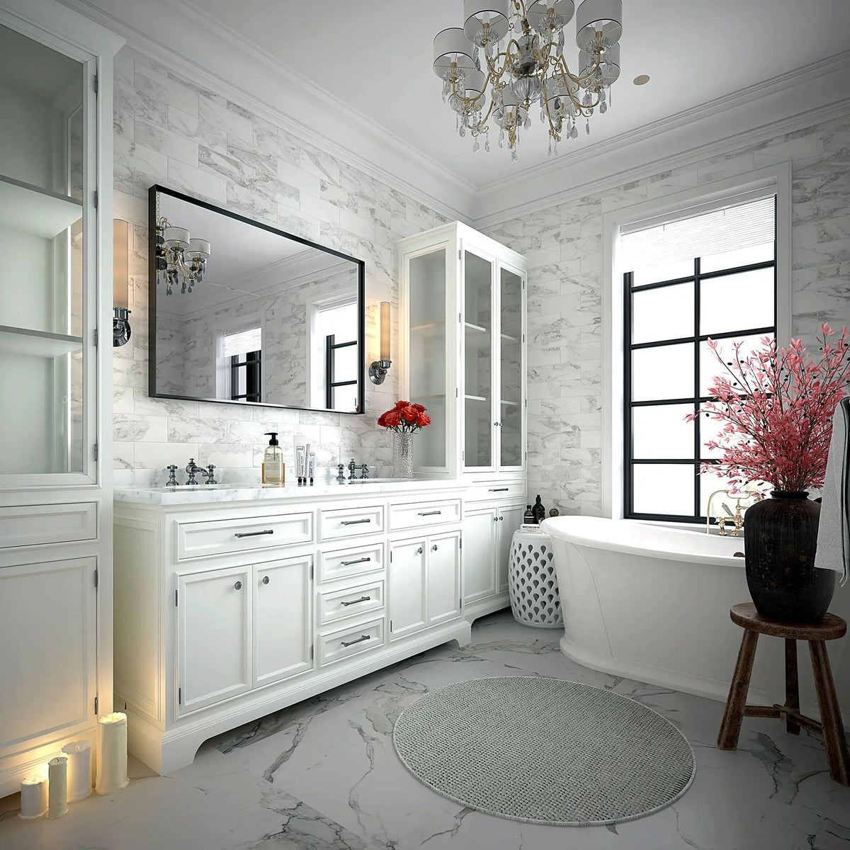 Rectangular Bathroom Mirror | Square Angle Metal Frame | Floating Glass Design | Beveled Edge