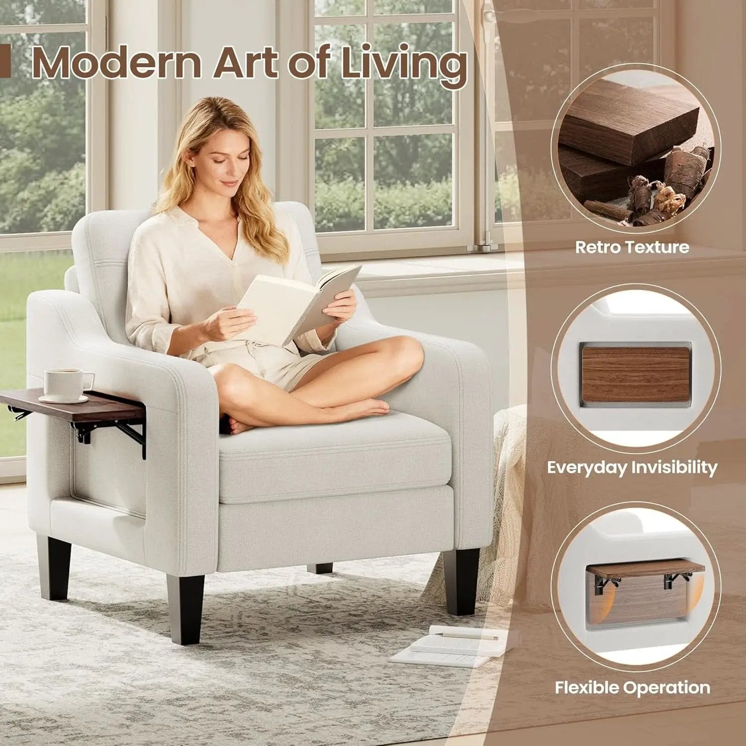 Beige Upholstered Accent Chair Foldable Table Home from PriceLows™