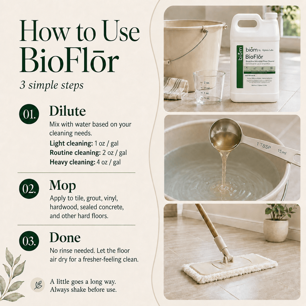 BioFlōr Bioactive Microbial Floor Cleaner Concentrate | 1 oz | Home Use | Home