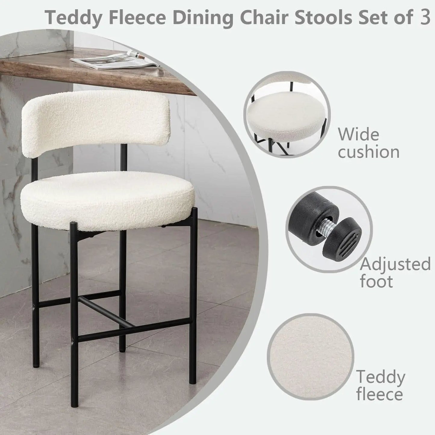 Boucle Bar Stools Set Of 3 24 Inch White Upholstered Counter Stools With Backs from PriceLows™