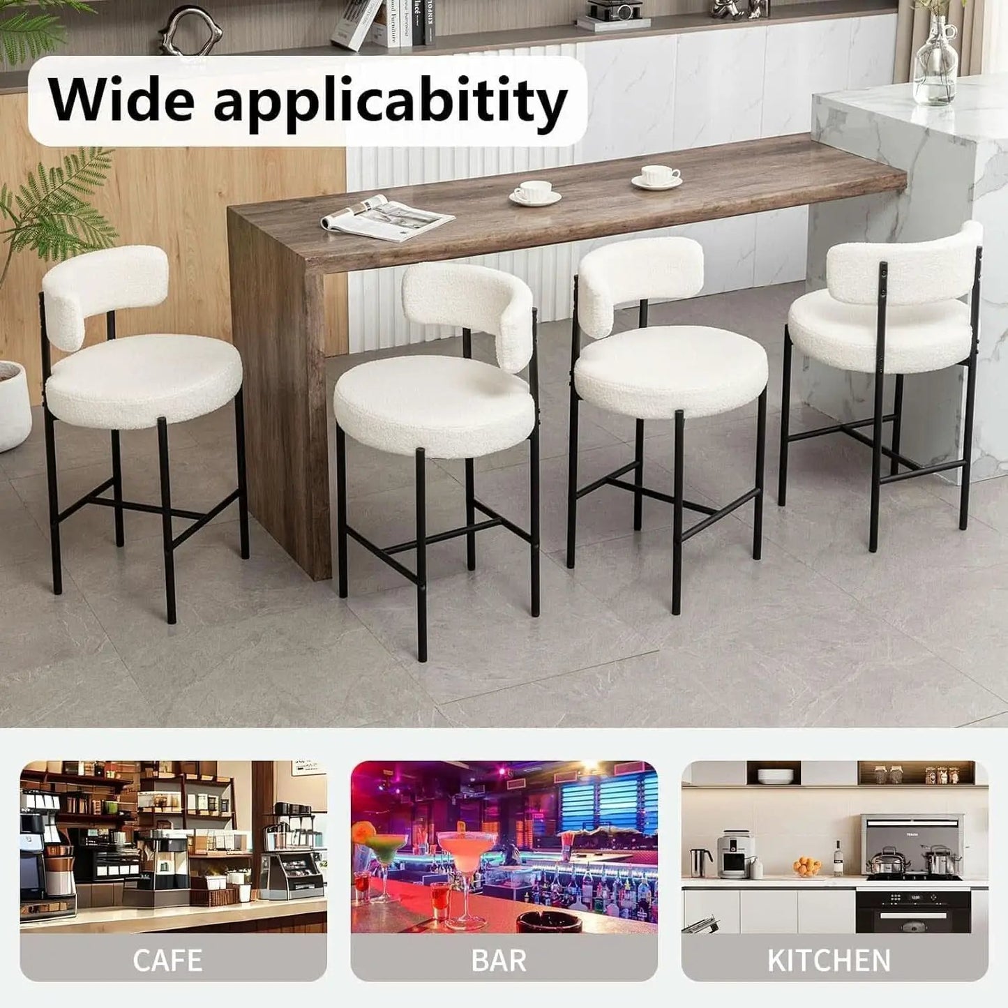 Boucle Bar Stools Set Of 3 24 Inch White Upholstered Counter Stools With Backs from PriceLows™