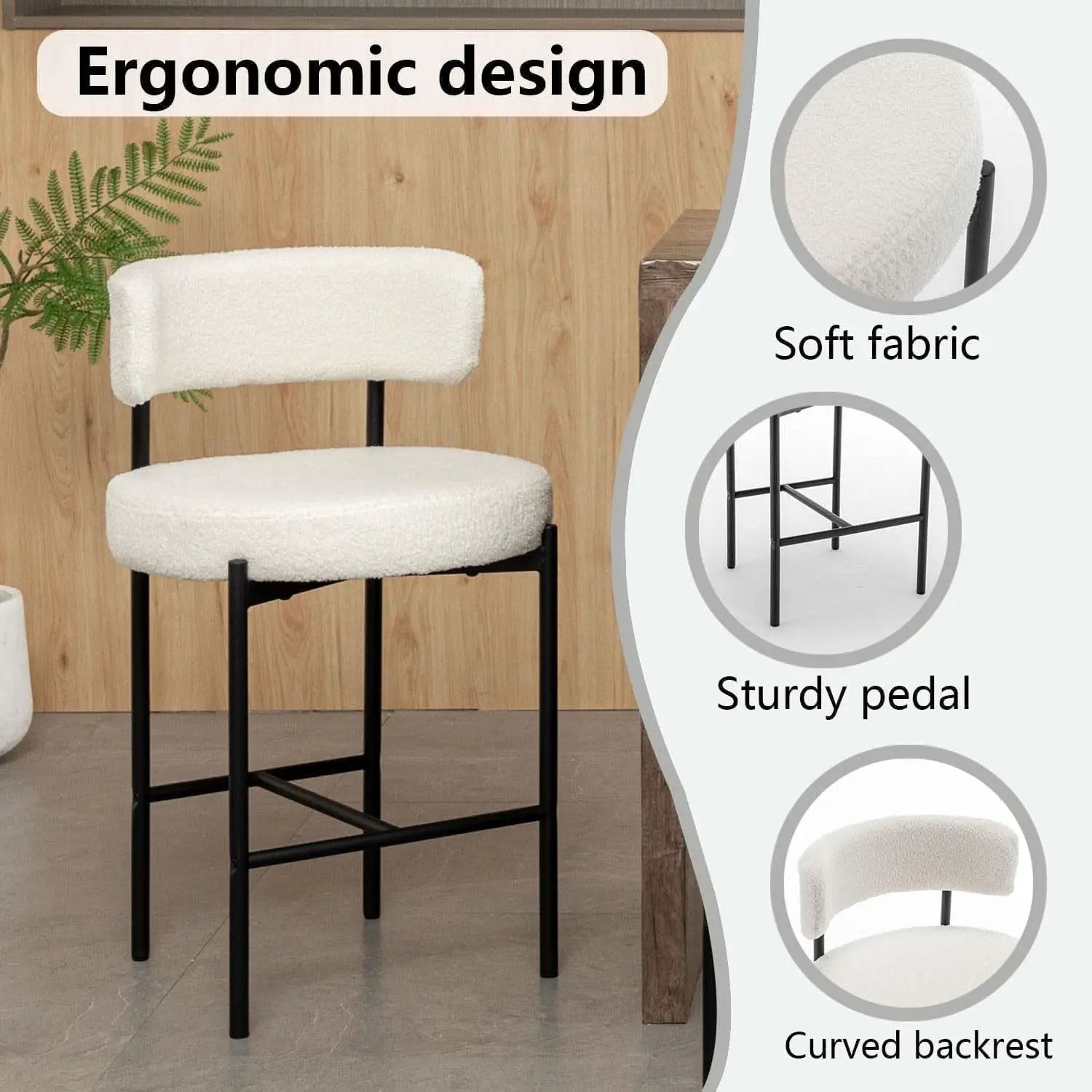 Boucle Bar Stools Set Of 3 24 Inch White Upholstered Counter Stools With Backs from PriceLows™