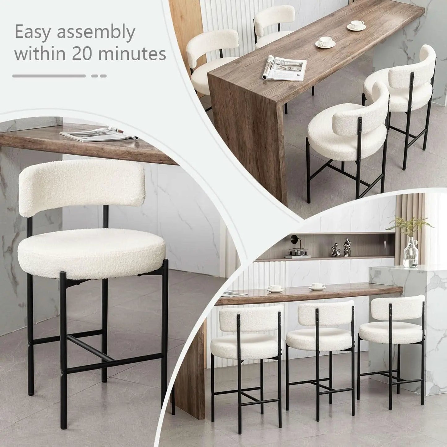 Boucle Bar Stools Set Of 3 24 Inch White Upholstered Counter Stools With Backs from PriceLows™