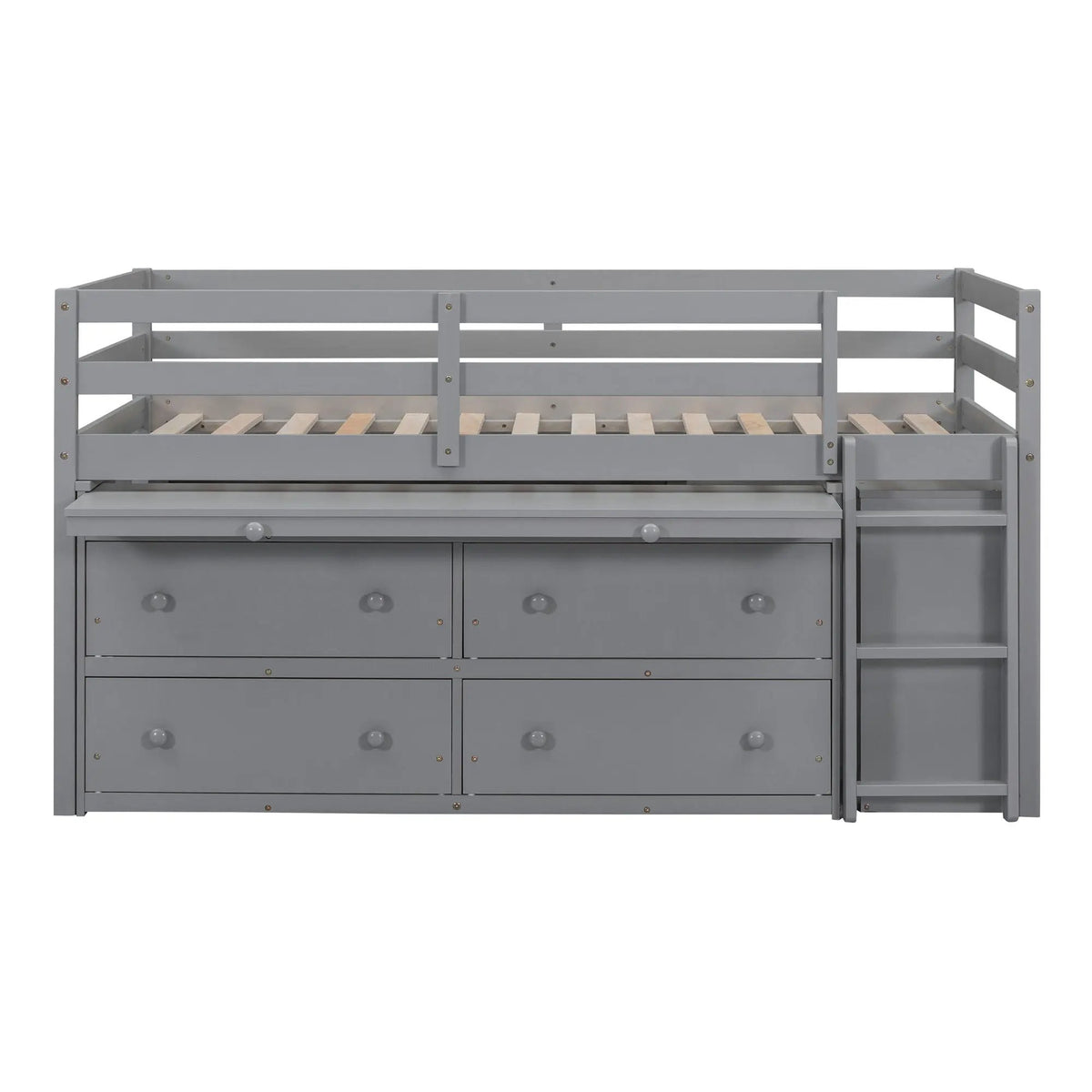 Loft Bed With Retractable Desk | 4 Front Drawers | Lateral Portable Desk | Side Shelves