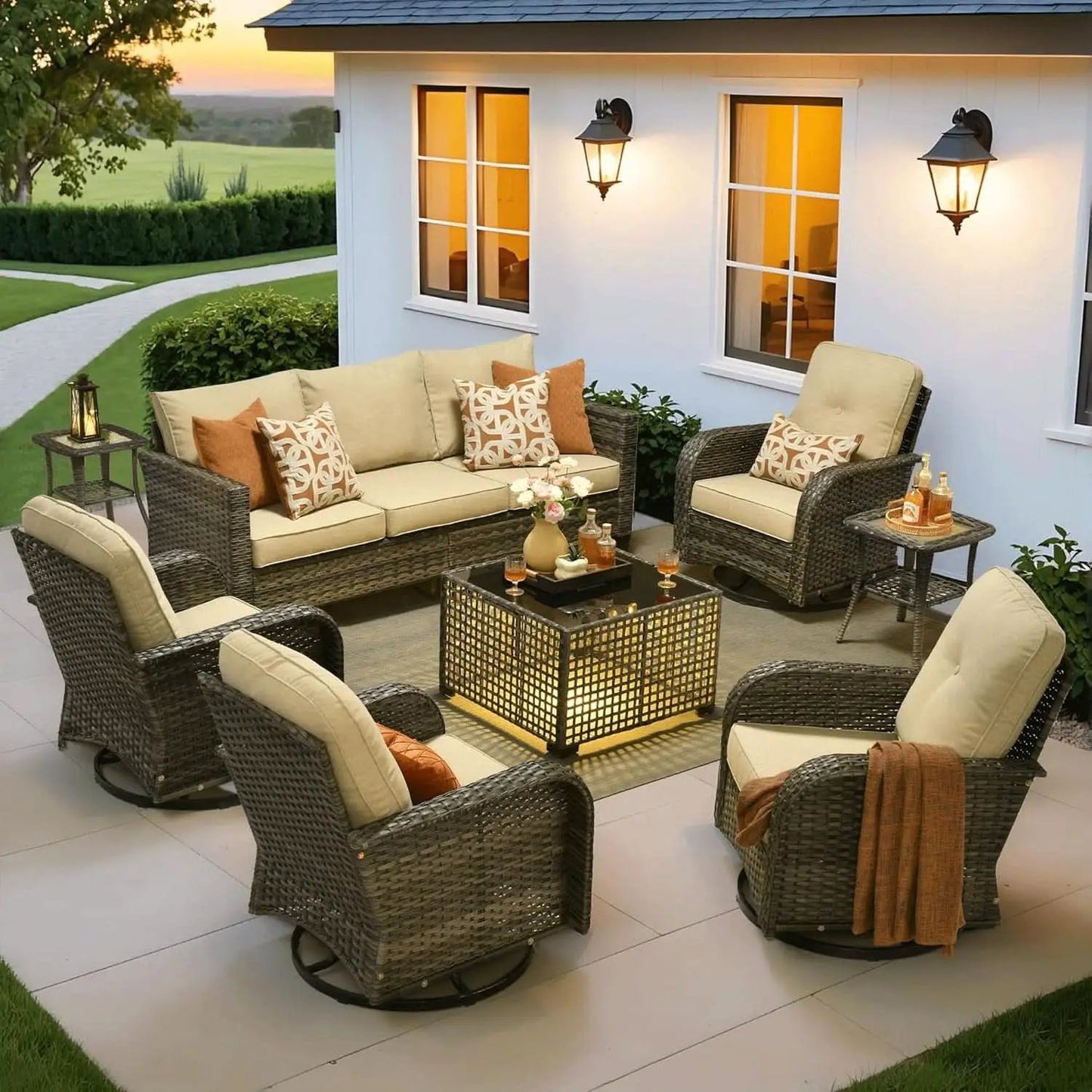 Modern Outdoor Wicker Furniture Set with Swivel Rocking Chairs from PriceLows™