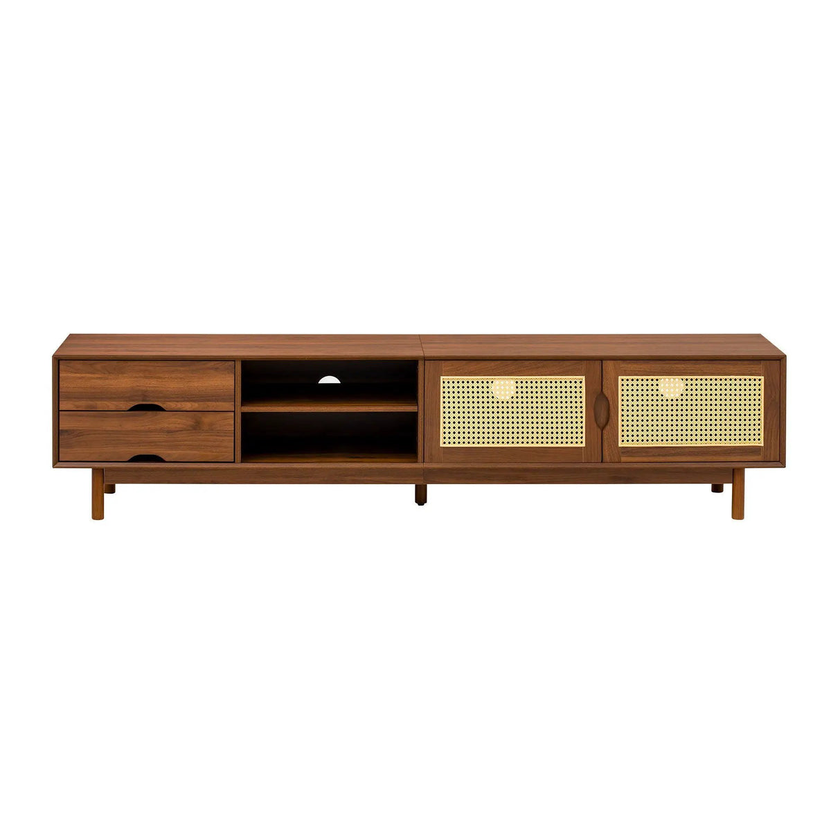 85 Inch TV Stand | Media Console With 2 Drawers | Woven Rattan Panels | Walnut