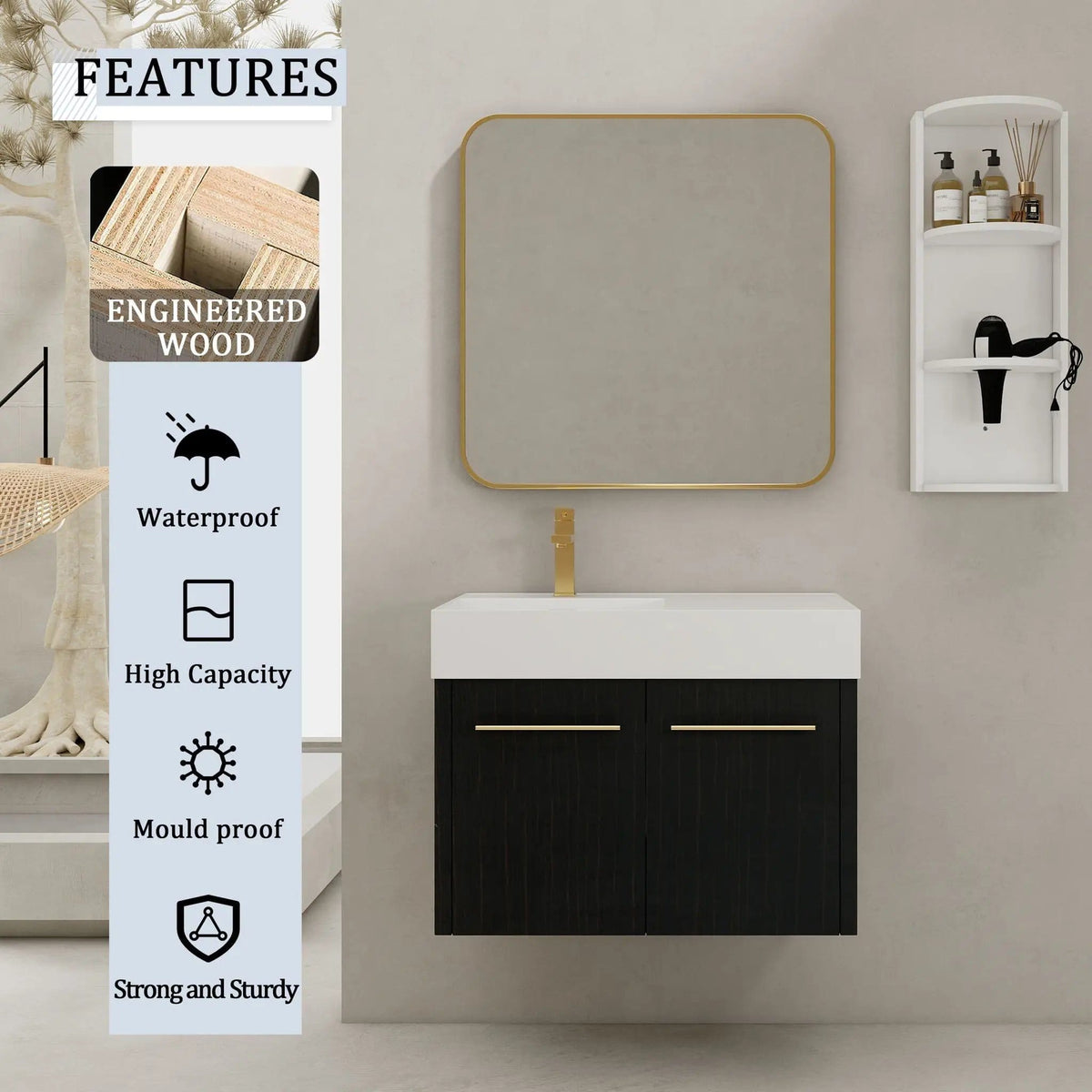 Modern Wall Mounted Bathroom Vanity With Resin Sink And Storage Rack | 2 Pieces | Stainless Steel & Plywood | Bathroom