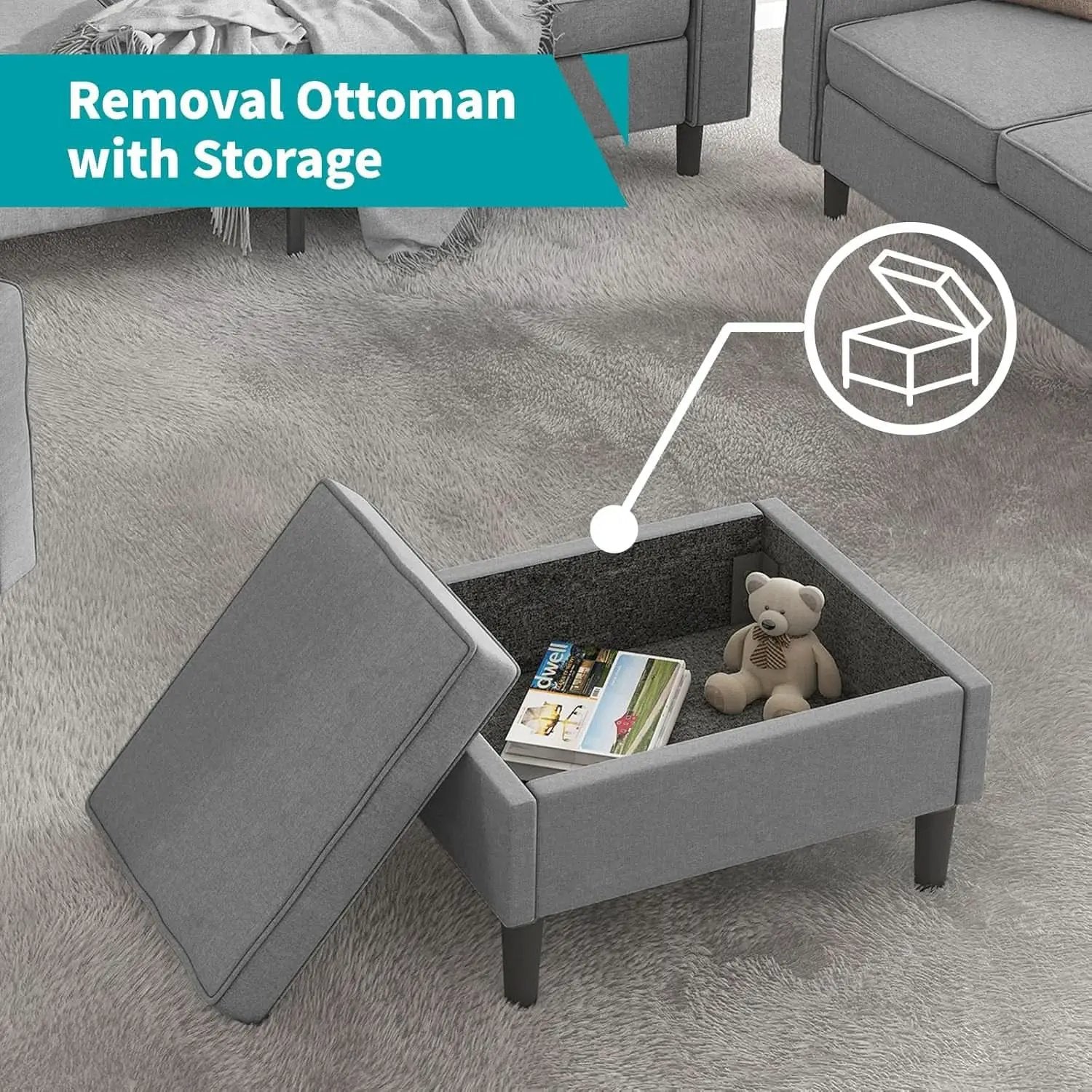 Light Grey Living Room Sofa Set With Movable Ottoman from PriceLows™