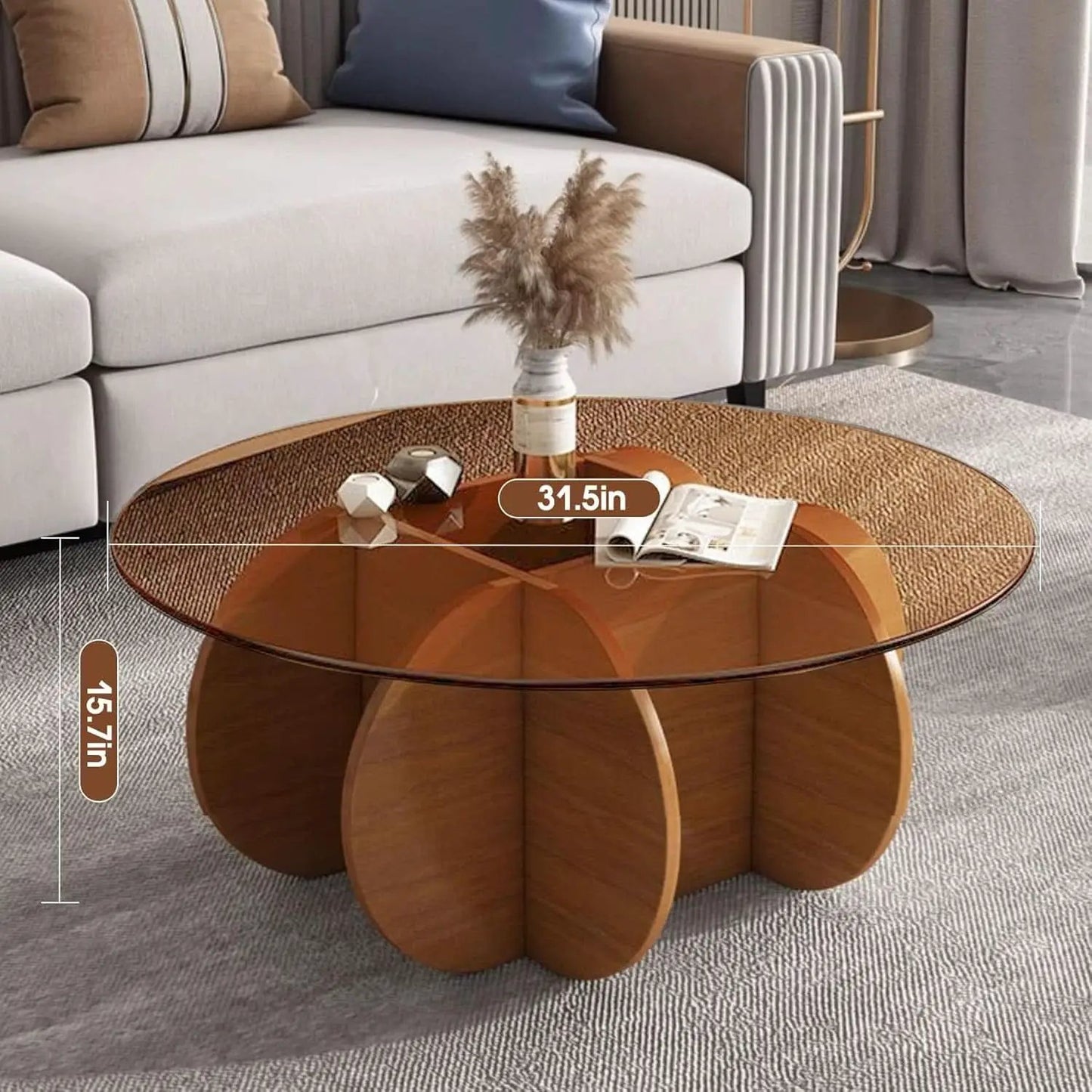 Contemporary Circular Glass Coffee Table Wooden Legs from PriceLows™