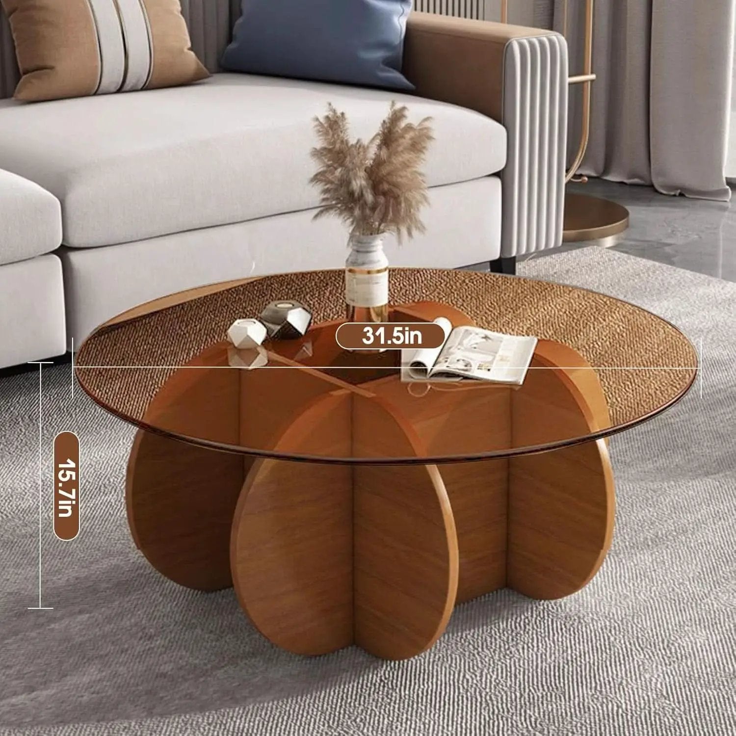 Contemporary Circular Glass Coffee Table Wooden Legs from PriceLows™