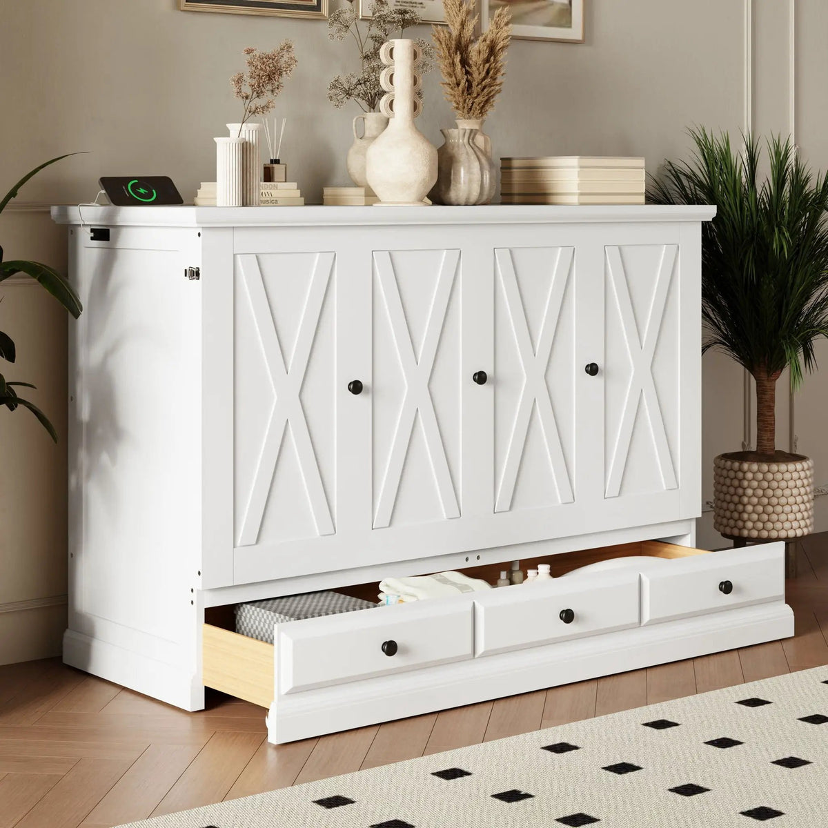 Solid Pine Murphy Bed | USB Charging Station | Storage Drawer