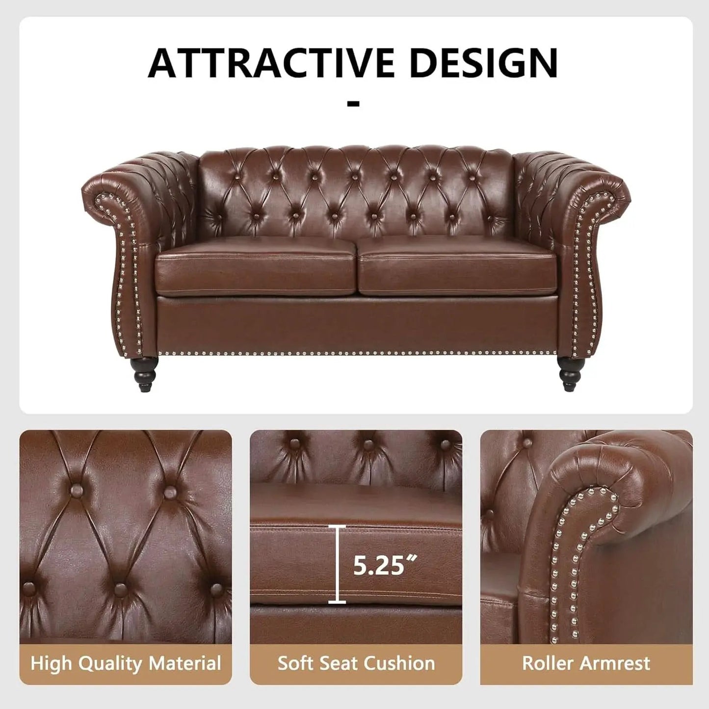 3 Piece Living Room Set With Sectional Chesterfield Sofa Chair And Leather Upholstered Loveseat from PriceLows™