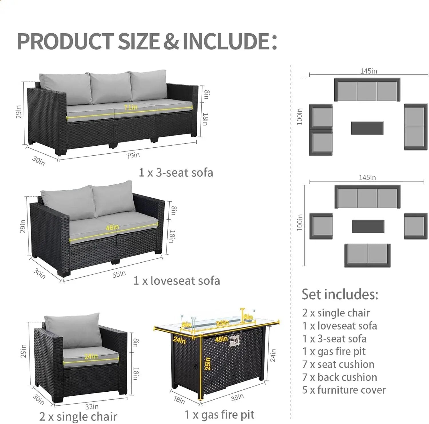 5-Piece Outdoor Patio Furniture Set With 60000 BTU Fire Pit Light Grey from PriceLows™