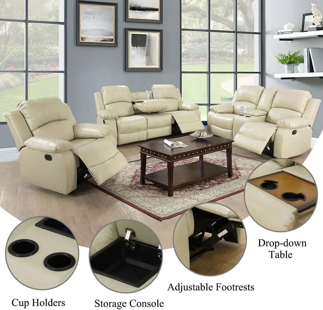 Beige 3 Piece Manual Recliner Sofa Set With Cup Holders from PriceLows™