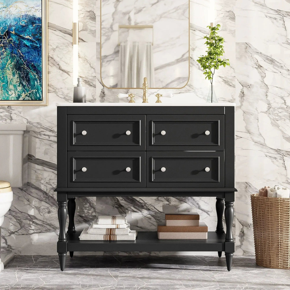 36 Inch Bathroom Vanity With Undermount Sink | 4 Extension Drawers | Solid Wood Frame | Ceramic Sink