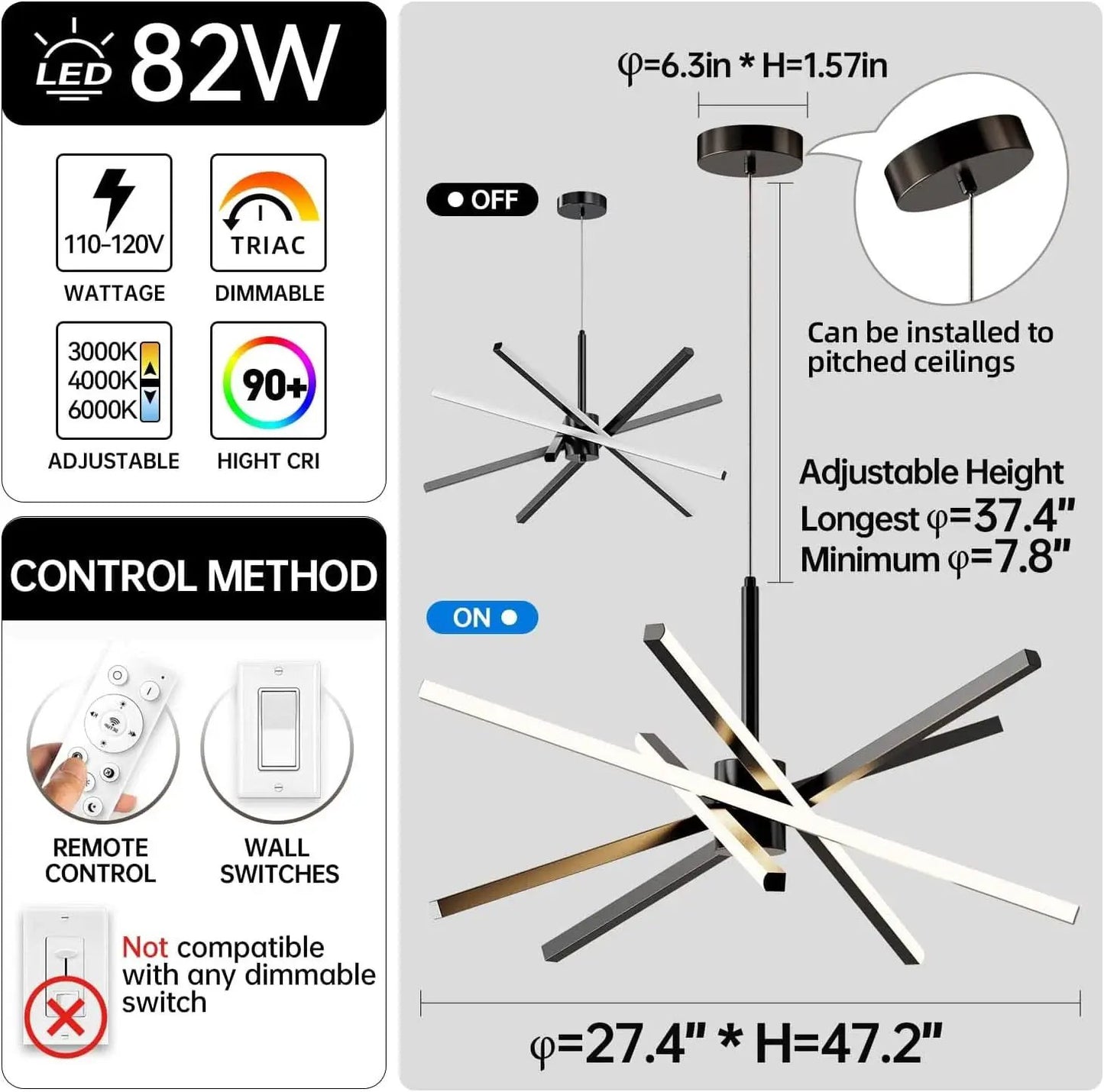 Black 31.5 Inch Modern Sputnik LED Chandelier Lighting from PriceLows™