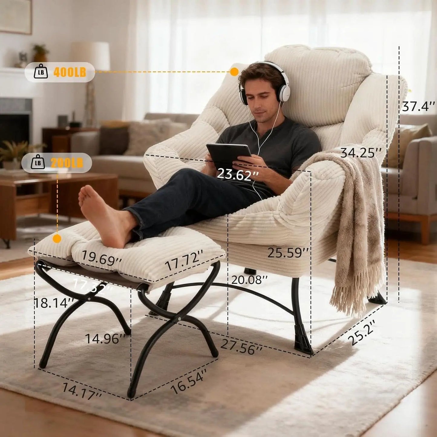 Oversized White Corduroy Reading Chair With Ottoman from PriceLows™
