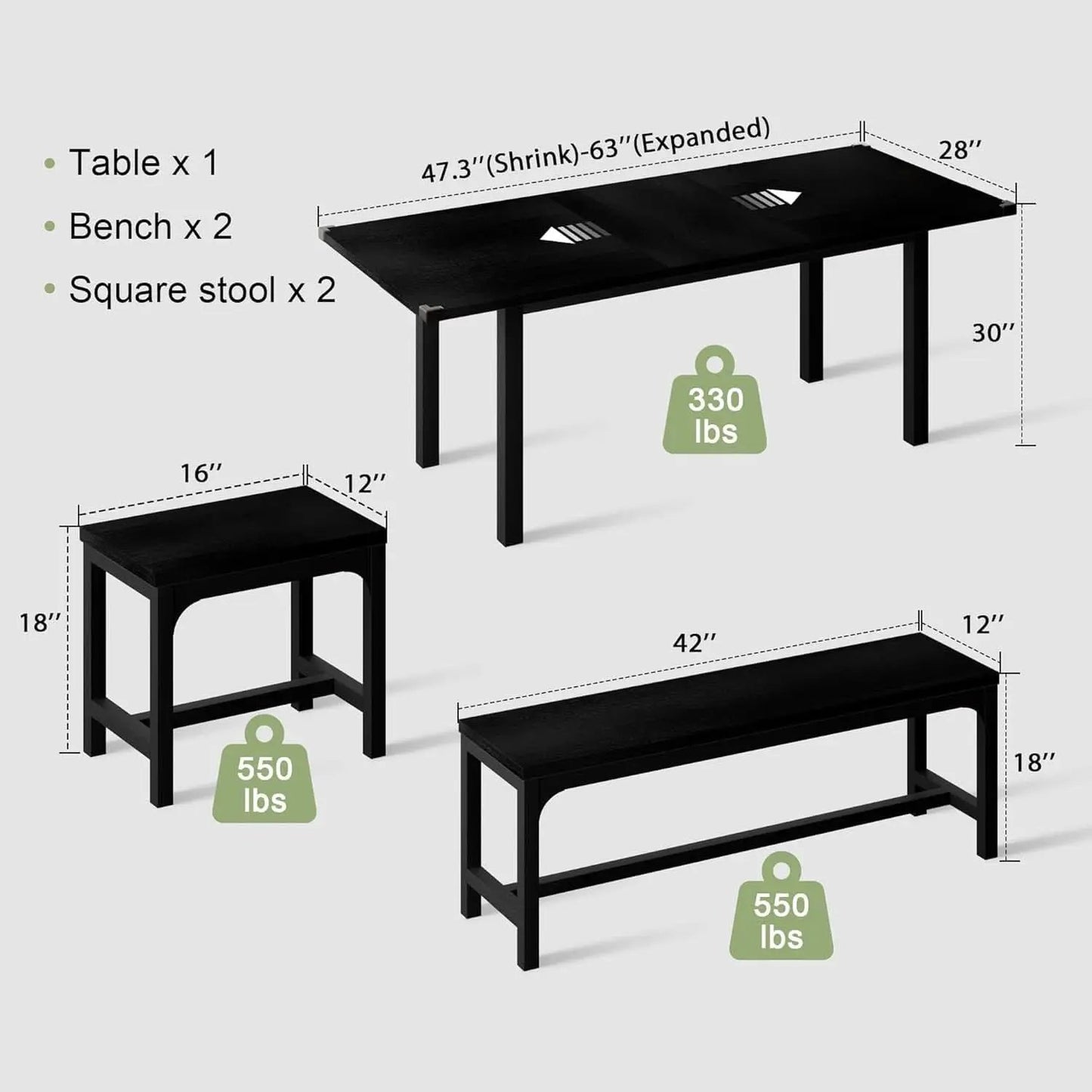 63 Inch Extendable Dining Table Set Black For 4 To 8 from PriceLows™