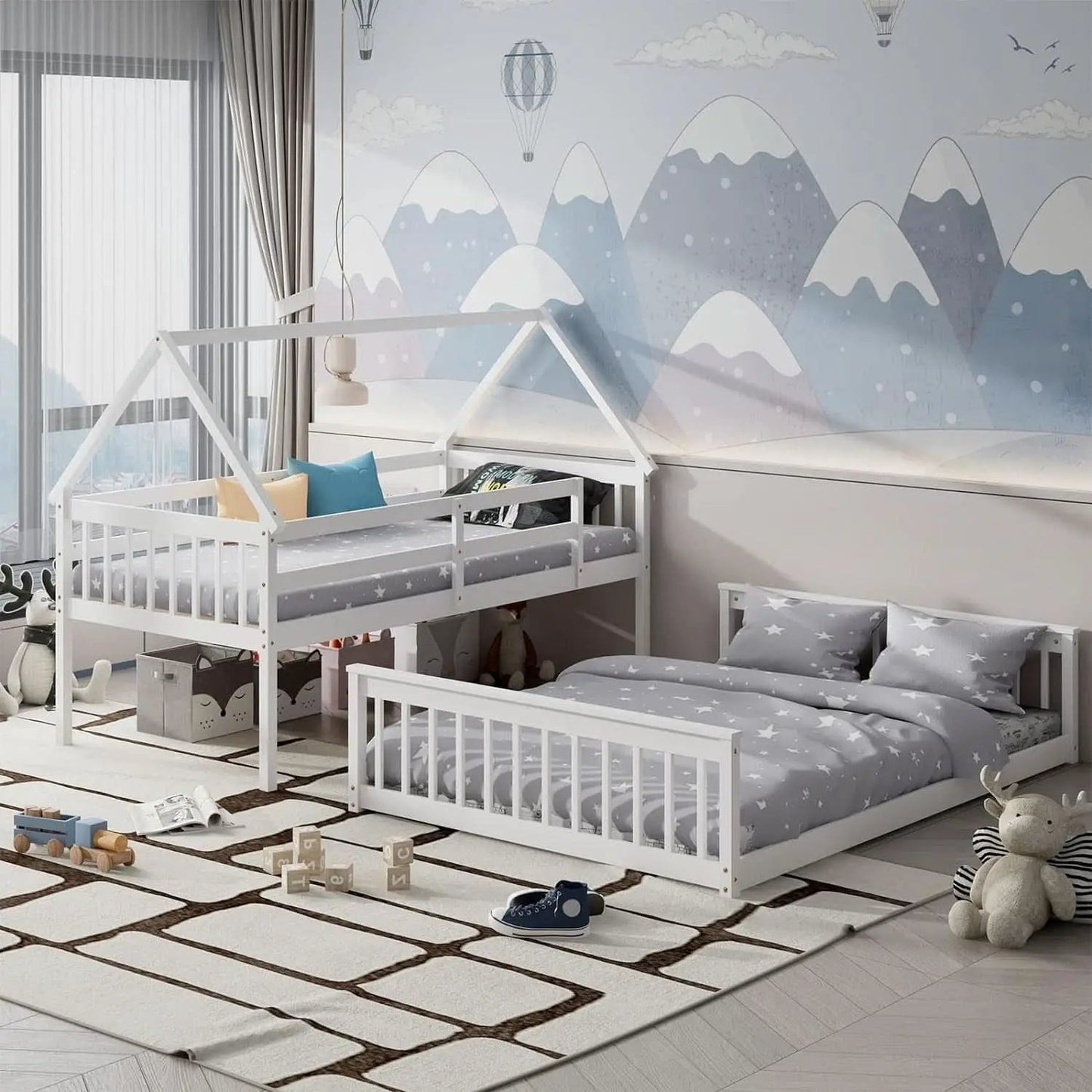 Solid Wood Twin Over Full Bunk Bed White With Guardrails from PriceLows™