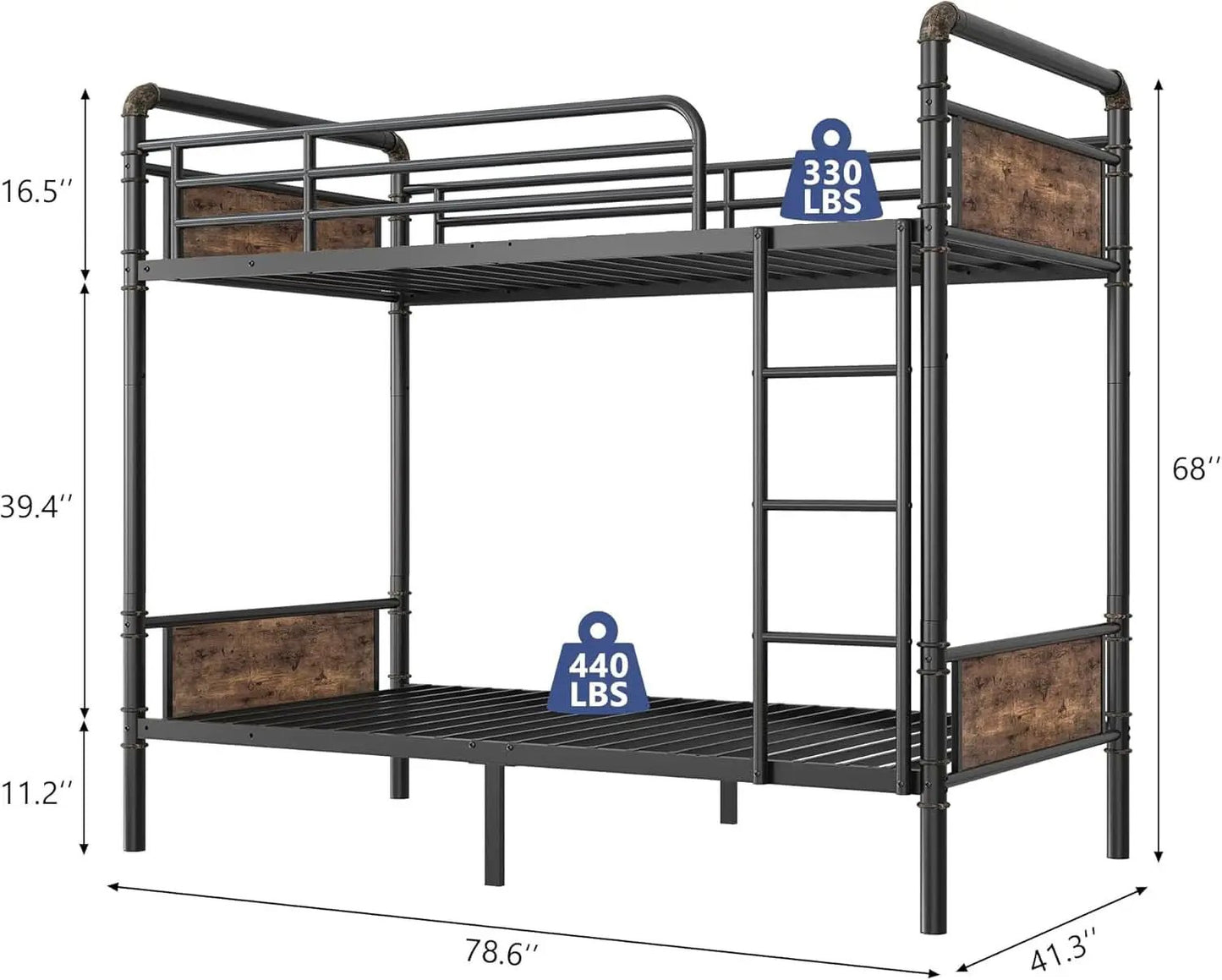Metal Twin Over Twin Bunk Bed Vintage Brown Safety Rails from PriceLows™